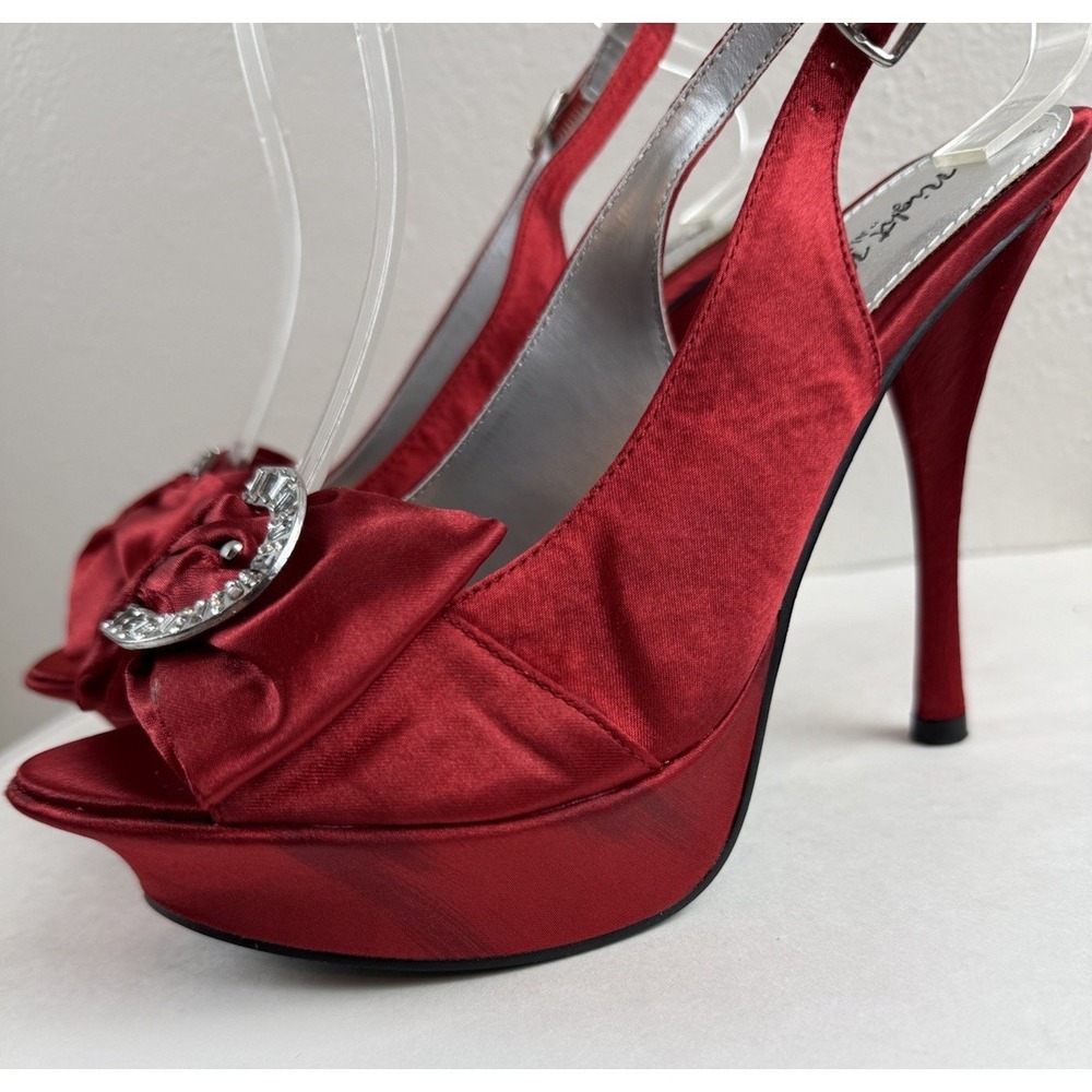 Y2K Night Moves Red Bow Satin Rhinestone Buckle Platform Slingback Heels Size 8 - Picture 10 of 10